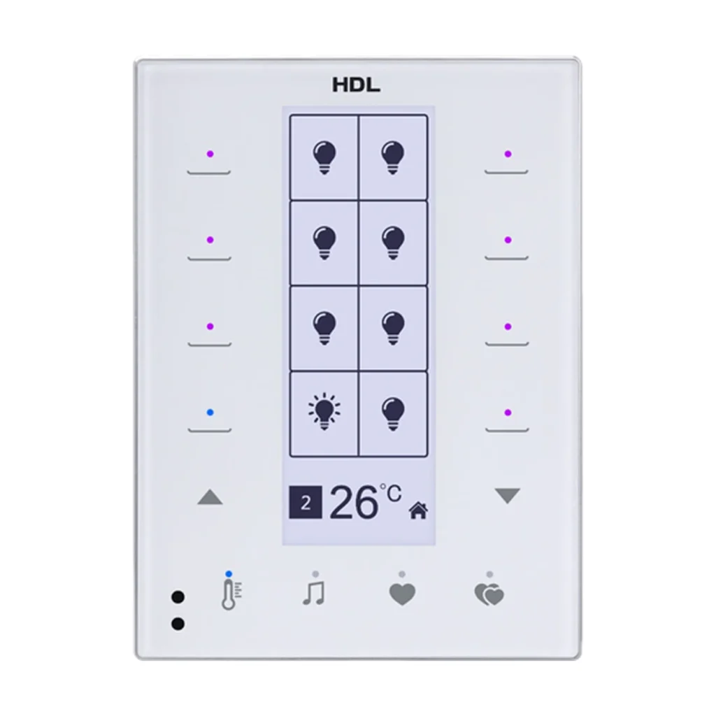 پنل هوشمند لمسی HDL مدل MPTL14.46-A با نمایشگر LCD، ۸ کلید لمسی و چهار کلید میانبر