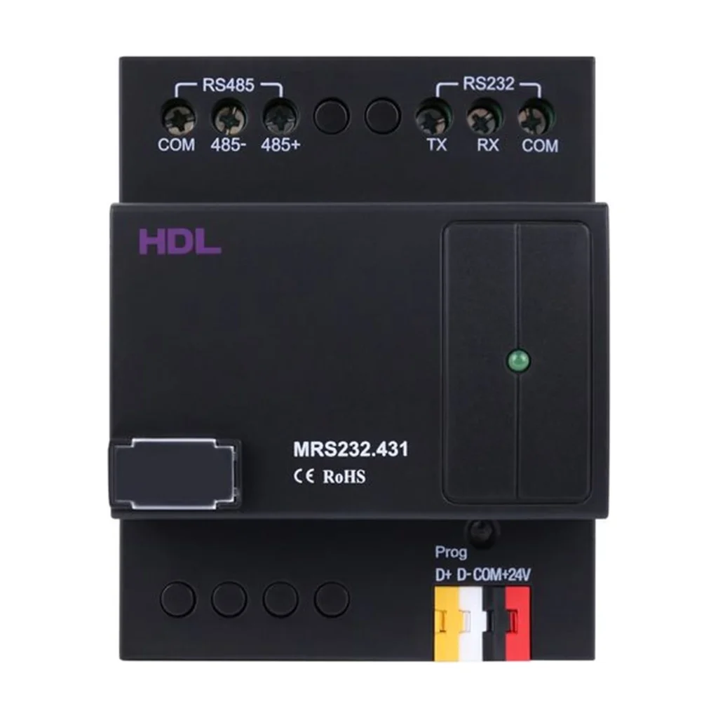 گیت‌وی RS232 RS485 HDL مدل MRS232U.431 با ترمینال‌های ارتباطی و بدنه مشکی مخصوص نصب روی ریل DIN