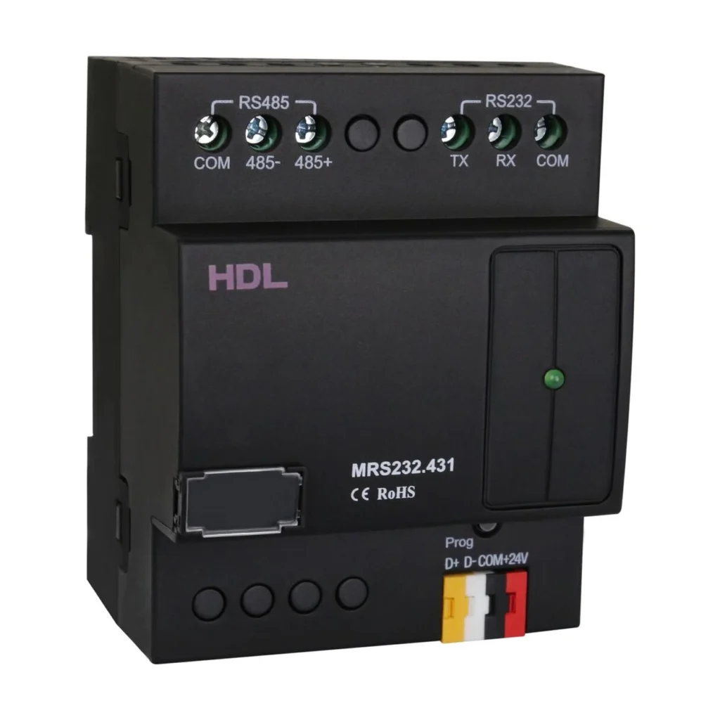 مبدل Buspro به RS232 برند HDL مدل MRS232.431 با رابط‌های RS232، RS485 و HDL Buspro برای ارتباط دوطرفه تجهیزات