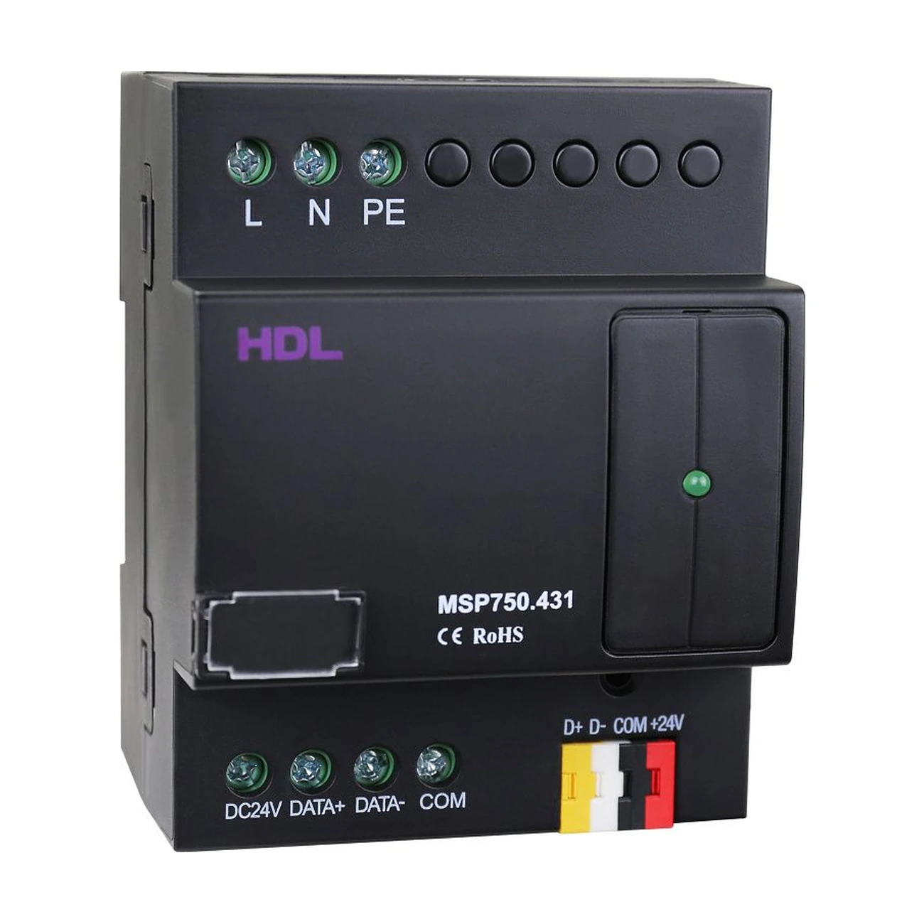 HDL-MSP750-431-view-03 منبع تغذیه 24 ولت Buspro برند HDL مدل MSP750.431 با خروجی 750mA و نصب روی ریل DIN