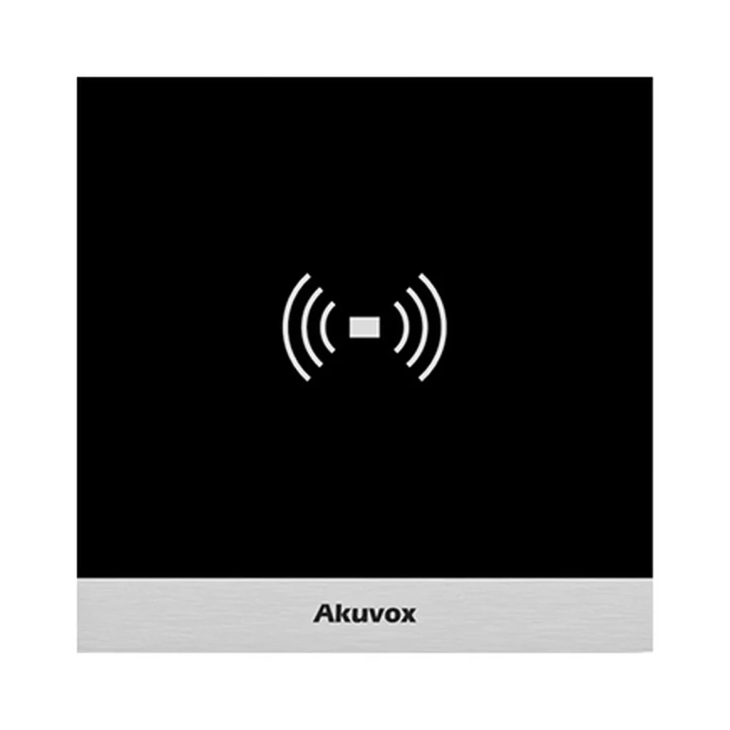 اکسس کنترل Akuvox A01 با پنل شیشه‌ای مشکی مربعی، نشان کارت‌خوان RFID در مرکز و نوار نقره‌ای دارای لوگوی Akuvox در پایین دستگاه
