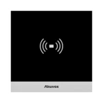 اکسس کنترل Akuvox A01 با پنل شیشه‌ای مشکی مربعی، نشان کارت‌خوان RFID در مرکز و نوار نقره‌ای دارای لوگوی Akuvox در پایین دستگاه