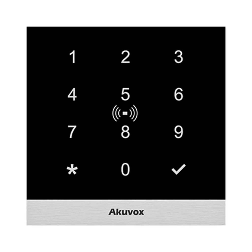 اکسس کنترل Akuvox A02 مشکی با صفحه‌کلید لمسی عددی، نشان کارت‌خوان RFID، بدنه مربعی و نوار نقره‌ای دارای لوگوی Akuvox