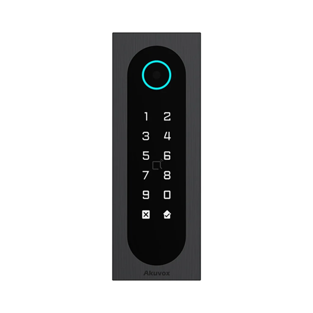 اکسس کنترل Akuvox A08S مشکی با بدنه باریک عمودی، صفحه‌کلید عددی، نشانگر دایره‌ای بالای پنل و فریم آلومینیومی