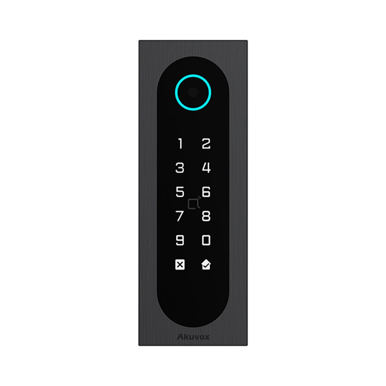 akuvox-a08-on-front-01 اکسس کنترل Akuvox A08S مشکی با بدنه باریک عمودی، صفحهکلید عددی، نشانگر دایرهای بالای پنل و فریم آلومینیومی