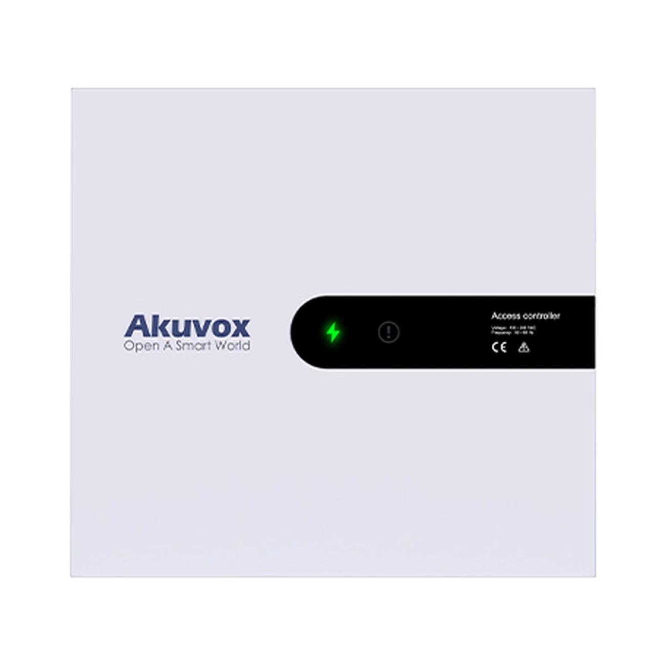akuvox-a092-front-01 اکسس کنترل Akuvox A092S با بدنه فلزی مستطیلی روشن، نشانگرهای وضعیت روی نوار مشکی و لوگوی Akuvox در قسمت جلویی دستگاه