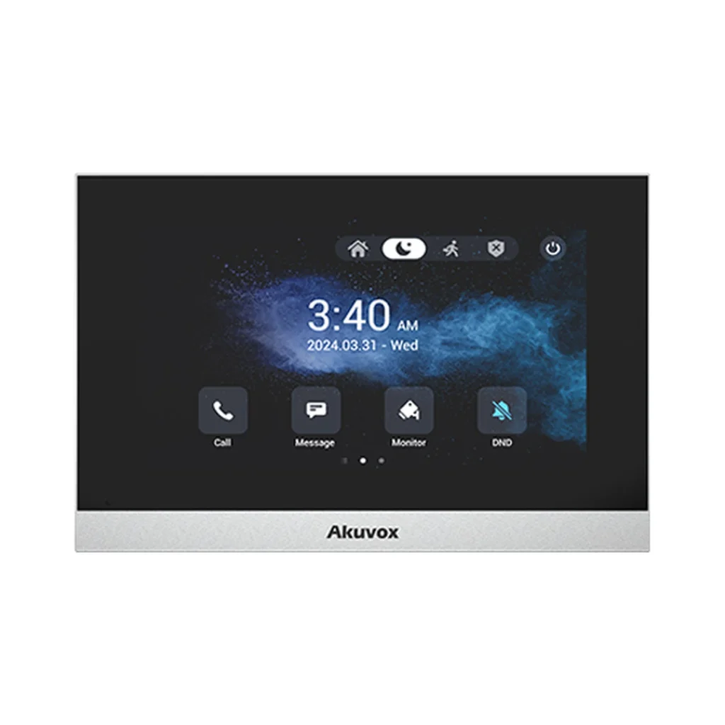 مانیتور هوشمند Akuvox C316W با نمایشگر لمسی ۷ اینچی، قاب مستطیلی مشکی و رابط کاربری آیفون تصویری روی صفحه‌نمایش