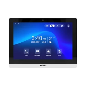 مانیتور هوشمند Akuvox C319W با نمایشگر لمسی ۱۰ اینچی، قاب مستطیلی مشکی و رابط کاربری آیفون تصویری روی صفحهنمایش