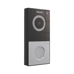 آیفون تصویری Akuvox DB01 با بدنه مستطیلی مشکی و نقره‌ای، دوربین در قسمت بالای پنل و یک دکمه زنگ دایره‌ای در بخش پایین