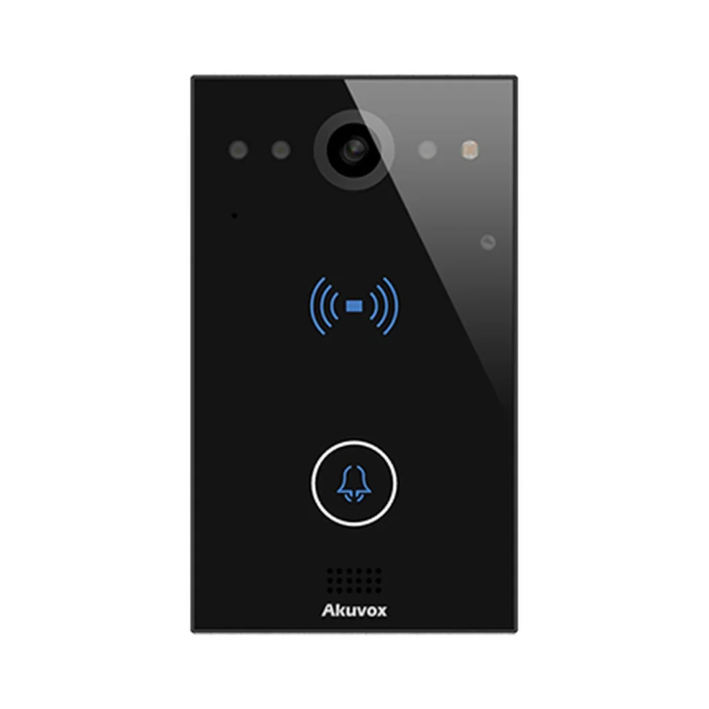 آیفون تصویری Akuvox E11R با پنل مستطیلی مشکی، دوربین در قسمت بالا، نشانگر کارت‌خوان RFID در مرکز و دکمه تماس در پایین دستگاه