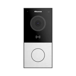 آیفون تصویری Akuvox E12W با بدنه مستطیلی مشکی و نقره‌ای، دوربین در قسمت بالای پنل و یک دکمه زنگ دایره‌ای در بخش پایین