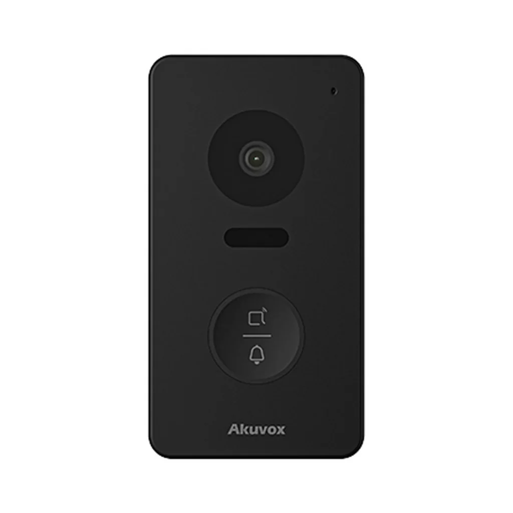 آیفون تصویری Akuvox E13S با بدنه پلاستیکی مشکی، دوربین در قسمت بالا و یک دکمه تماس در بخش پایین پنل