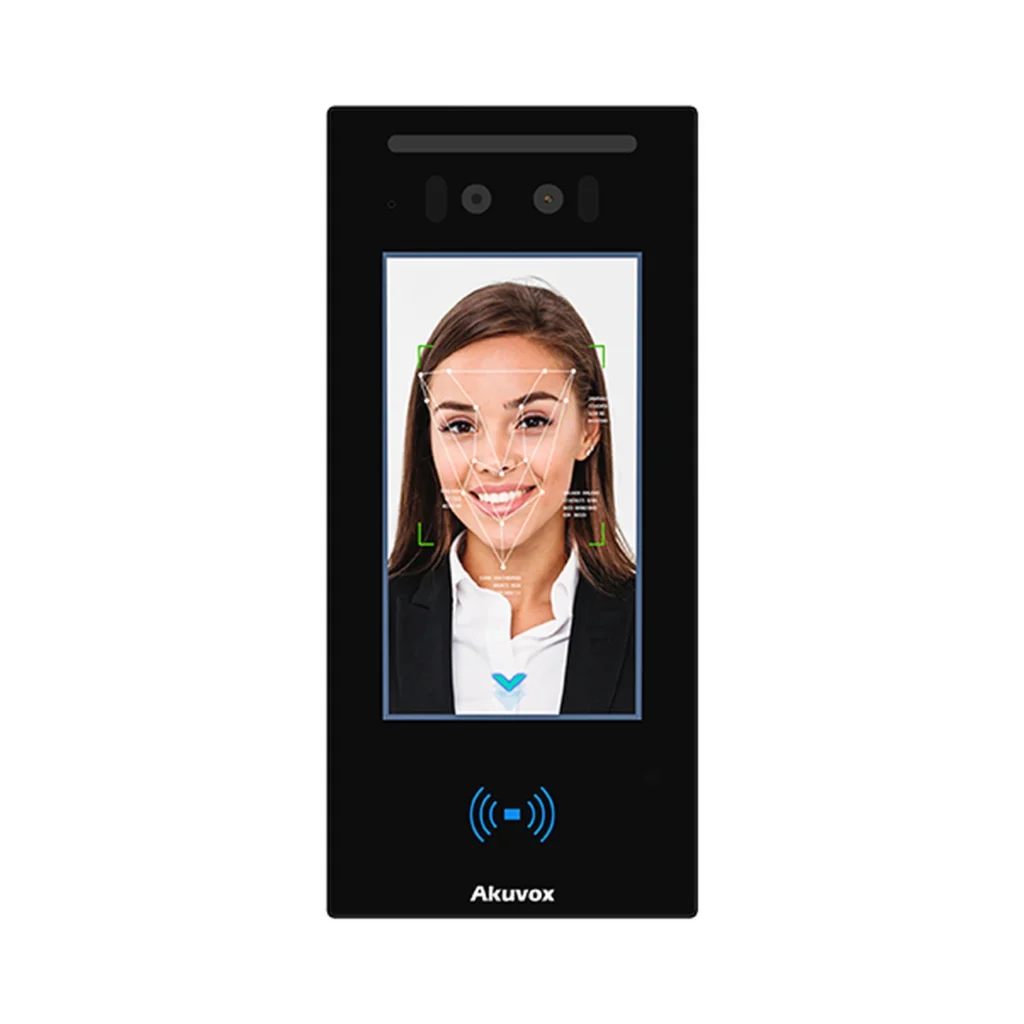 آیفون تصویری Akuvox E16 با بدنه مشکی، نمایشگر ۵ اینچی، دوربین‌های تشخیص چهره در بالای پنل و نشانگر کارت‌خوان در قسمت پایین