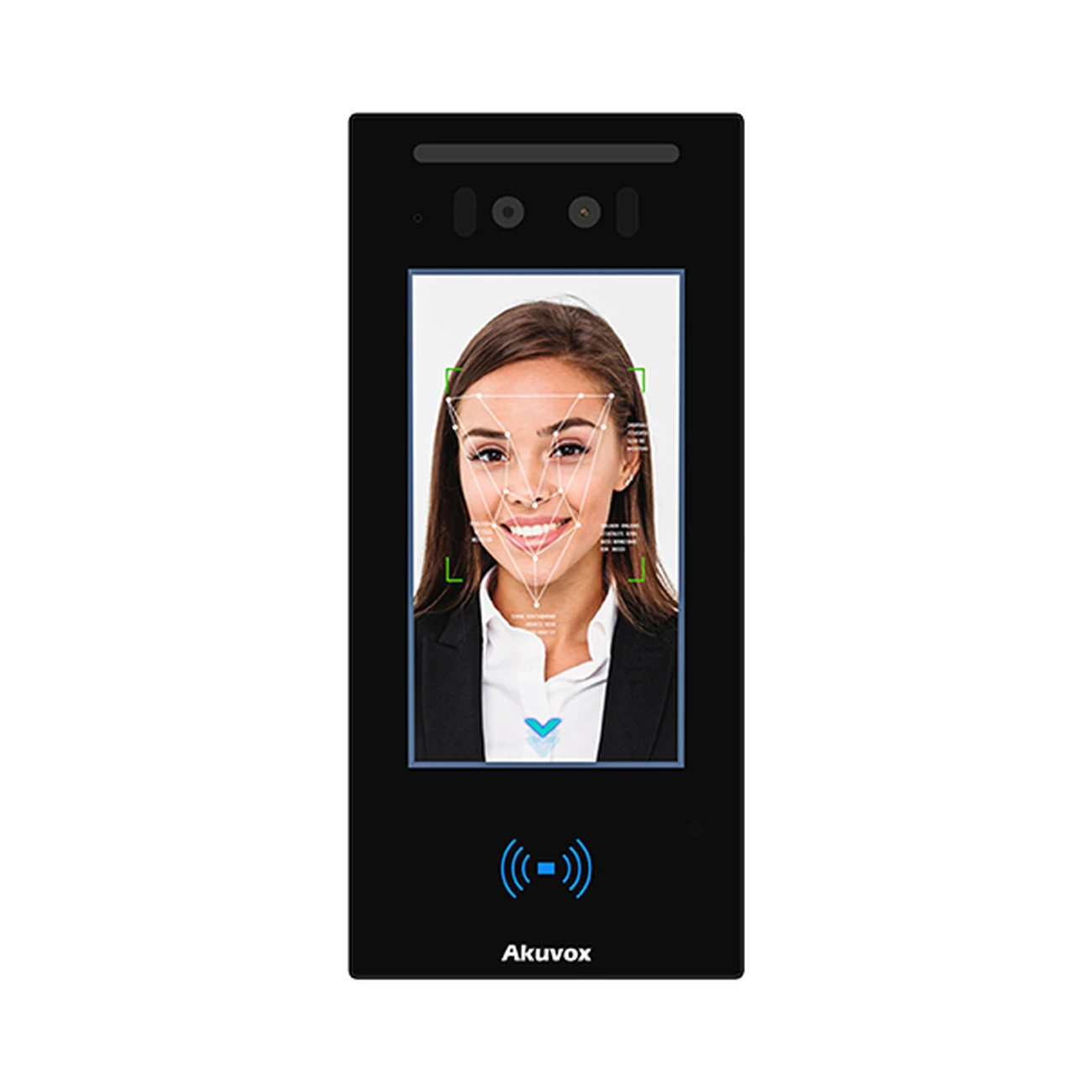akuvox-e16-front-01 آیفون تصویری Akuvox E16C با بدنه مشکی، نمایشگر ۵ اینچی، دوربینهای تشخیص چهره در بالای پنل و نشانگر کارتخوان در قسمت پایین