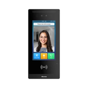 آیفون تصویری Akuvox E18 با بدنه مشکی، نمایشگر لمسی ۷ اینچی، مجموعه دوربین در بالای پنل و نشانگر کارت‌خوان در قسمت پایین