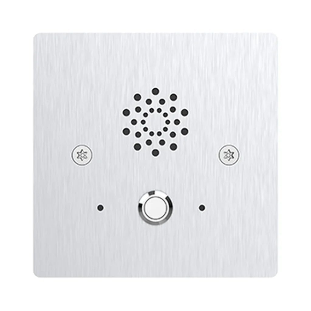 پنل تماس اضطراری Akuvox E20S با صفحه مربعی استیل نقره‌ای، شبکه سوراخ‌های بلندگو در بالا و دکمه تماس دایره‌ای در مرکز پنل