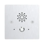 پنل تماس اضطراری Akuvox E20S با صفحه مربعی استیل نقره‌ای، شبکه سوراخ‌های بلندگو در بالا و دکمه تماس دایره‌ای در مرکز پنل