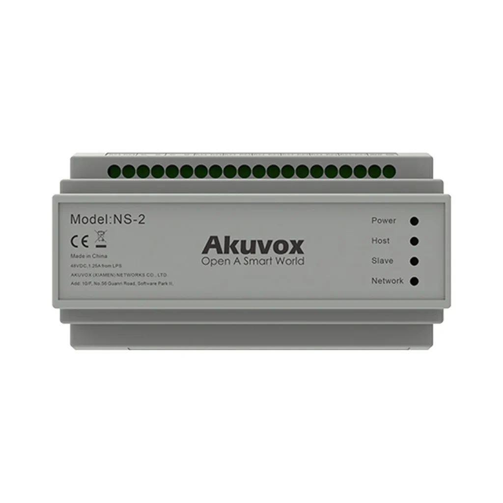 سوئیچ شبکه Akuvox NS-2 دو سیمه با بدنه خاکستری، ترمینال‌های اتصال در قسمت بالا، چهار نشانگر وضعیت و طراحی مناسب نصب ریلی