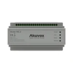 سوئیچ شبکه Akuvox NS-2 دو سیمه با بدنه خاکستری، ترمینال‌های اتصال در قسمت بالا، چهار نشانگر وضعیت و طراحی مناسب نصب ریلی