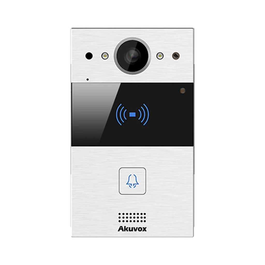 آیفون تصویری دو سیمه Akuvox مدل R20A-2Wire با بدنه آلومینیومی نقره‌ای، دوربین در قسمت بالا، بخش کارت‌خوان مشکی و یک دکمه تماس در پایین پنل