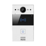 آیفون تصویری Akuvox R20A با بدنه آلومینیومی نقرهای، دوربین در قسمت بالا، بخش کارتخوان مشکی و یک دکمه زنگ در پایین پنل