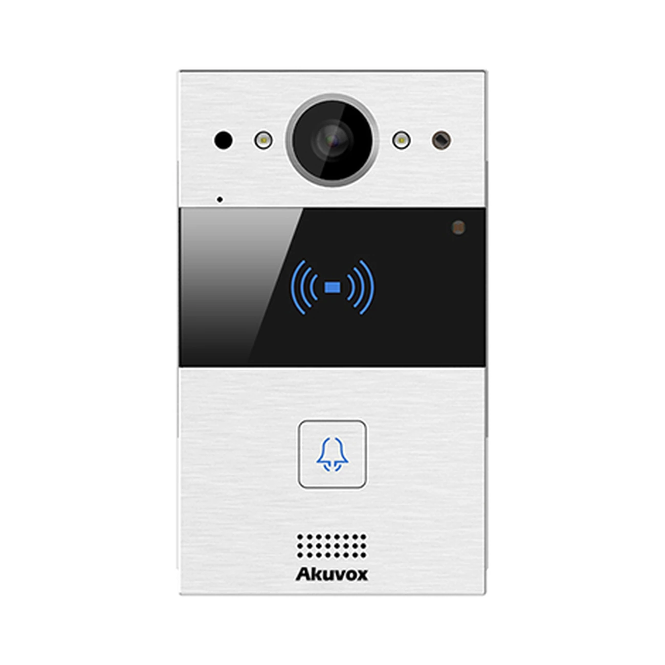 akuvox-r20a-front-1-01 آیفون تصویری Akuvox R20A با بدنه آلومینیومی نقرهای، دوربین در قسمت بالا، بخش کارتخوان مشکی و یک دکمه زنگ در پایین پنل