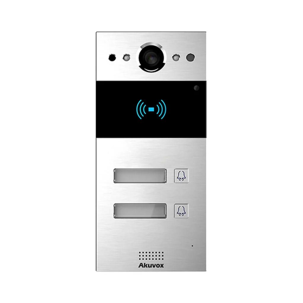 آیفون تصویری Akuvox R20B-2 با پنل آلومینیومی نقره‌ای، دوربین در قسمت بالا، کارت‌خوان مشکی و دو دکمه زنگ همراه با پلاک نام واحدها