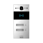 آیفون تصویری Akuvox R20B-2 با پنل آلومینیومی نقره‌ای، دوربین در قسمت بالا، کارت‌خوان مشکی و دو دکمه زنگ همراه با پلاک نام واحدها