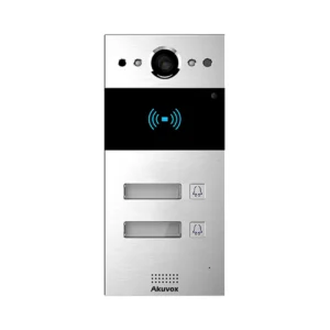 آیفون تصویری Akuvox R20B-2 با پنل آلومینیومی نقره‌ای، دوربین در قسمت بالا، کارت‌خوان مشکی و دو دکمه زنگ همراه با پلاک نام واحدها