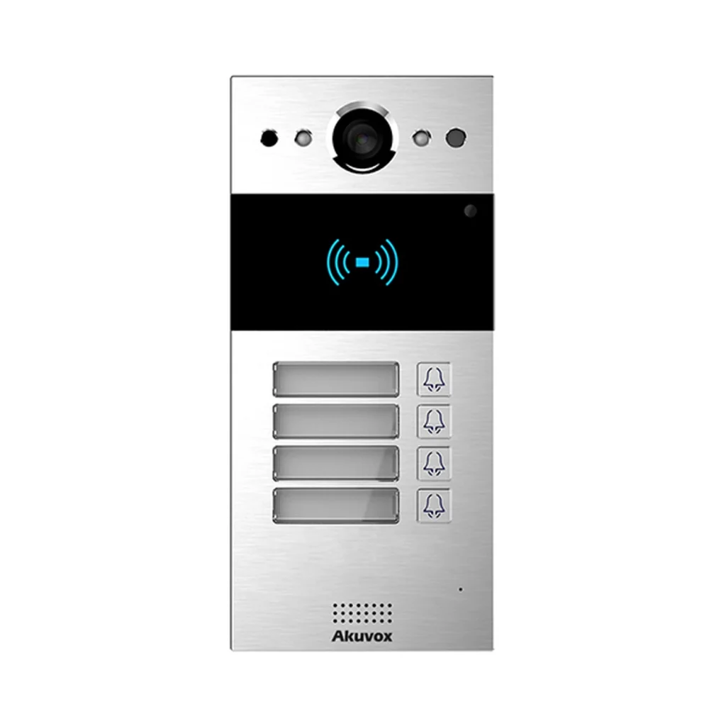 آیفون تصویری Akuvox R20B-4 با پنل آلومینیومی نقره‌ای، دوربین در قسمت بالا، کارت‌خوان مشکی و چهار دکمه زنگ همراه با پلاک نام واحدها