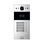 آیفون تصویری Akuvox R20B-4 با پنل آلومینیومی نقره‌ای، دوربین در قسمت بالا، کارت‌خوان مشکی و چهار دکمه زنگ همراه با پلاک نام واحدها