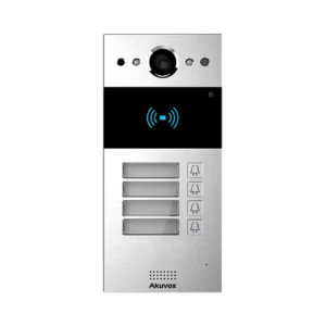 آیفون تصویری Akuvox R20B-4 با پنل آلومینیومی نقره‌ای، دوربین در قسمت بالا، کارت‌خوان مشکی و چهار دکمه زنگ همراه با پلاک نام واحدها
