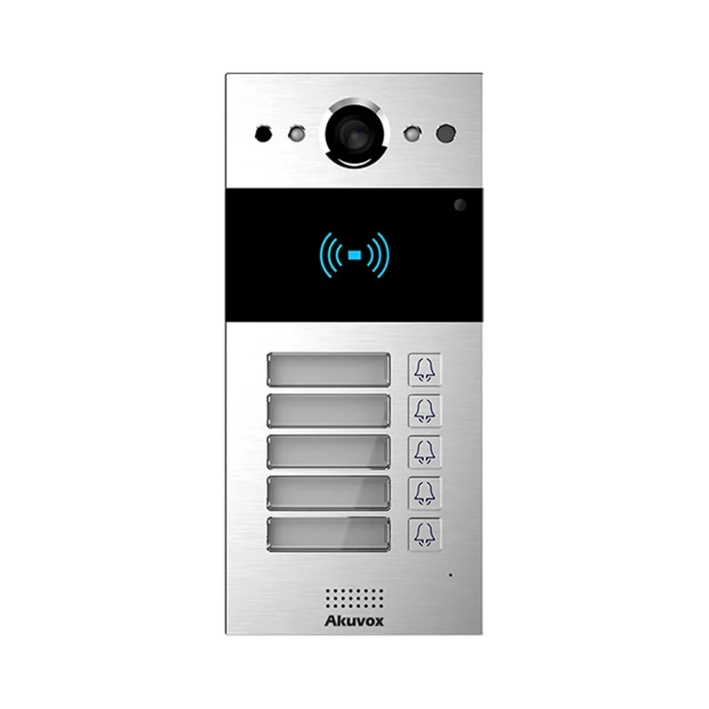 آیفون تصویری Akuvox R20B-5 با پنل آلومینیومی نقره‌ای، دوربین در قسمت بالا، کارت‌خوان مشکی و پنج دکمه زنگ همراه با پلاک نام واحدها
