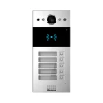 آیفون تصویری Akuvox R20B-5 با پنل آلومینیومی نقره‌ای، دوربین در قسمت بالا، کارت‌خوان مشکی و پنج دکمه زنگ همراه با پلاک نام واحدها