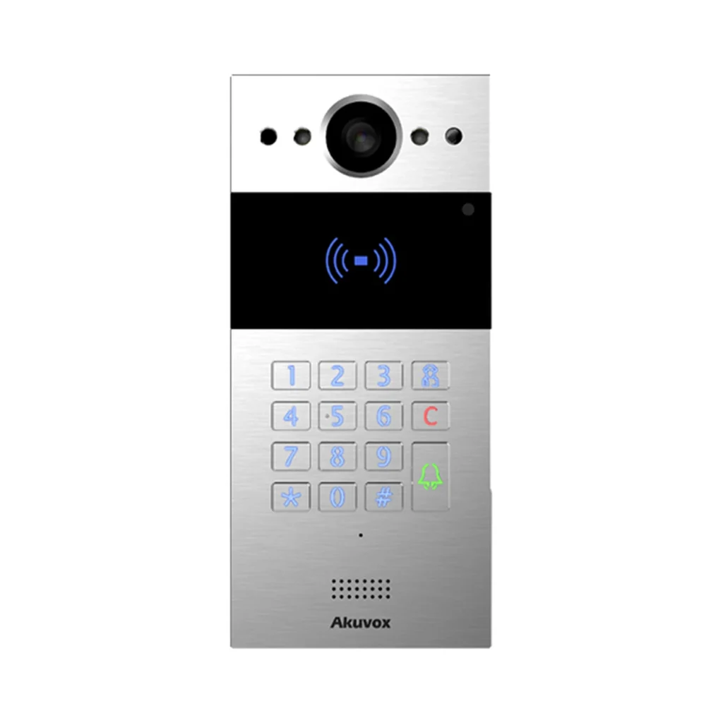 آیفون تصویری Akuvox R20K با بدنه آلومینیومی نقره‌ای، دوربین در بالای پنل، کارت‌خوان مشکی و صفحه‌کلید عددی در قسمت پایین