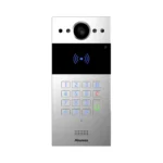 آیفون تصویری Akuvox R20K با بدنه آلومینیومی نقره‌ای، دوربین در بالای پنل، کارت‌خوان مشکی و صفحه‌کلید عددی در قسمت پایین