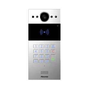 آیفون تصویری Akuvox R20K با بدنه آلومینیومی نقره‌ای، دوربین در بالای پنل، کارت‌خوان مشکی و صفحه‌کلید عددی در قسمت پایین