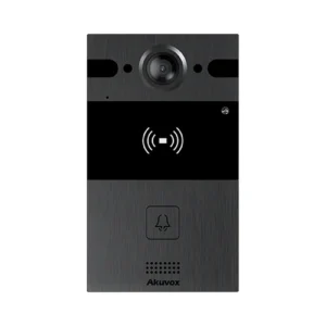 آیفون تصویری Akuvox R25A با بدنه آلومینیومی مشکی، دوربین در قسمت بالای پنل، بخش کارت‌خوان RFID و یک دکمه تماس در پایین دستگاه