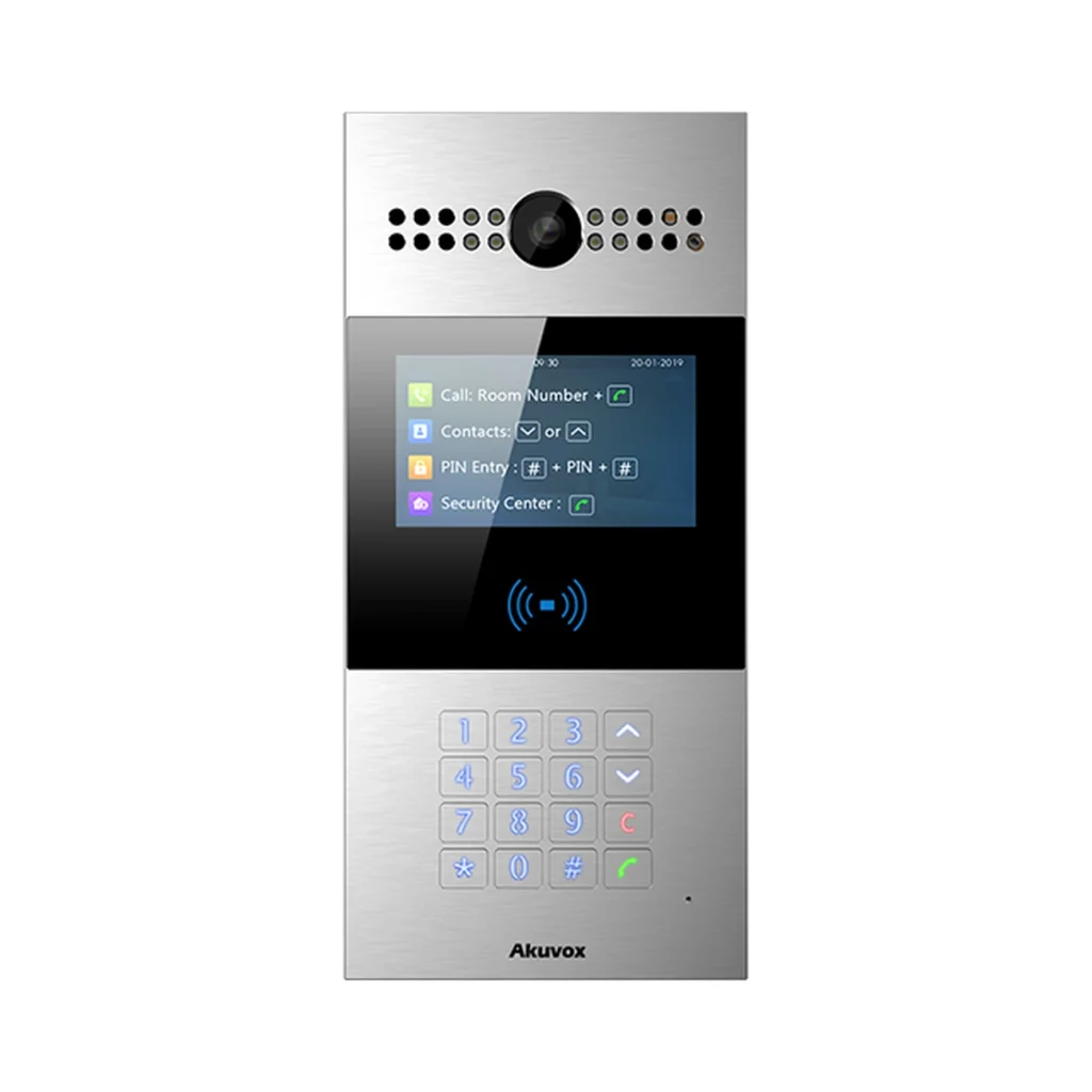 آیفون تصویری Akuvox R28A با پنل آلومینیومی نقره‌ای، نمایشگر رنگی ۴.۳ اینچی، دوربین بالای نمایشگر و صفحه‌کلید عددی در قسمت پایین