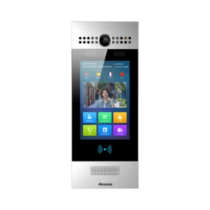 آیفون تصویری Akuvox R29C با بدنه نقرهای و مشکی، نمایشگر لمسی ۷ اینچی و دوربین در بالای پنل