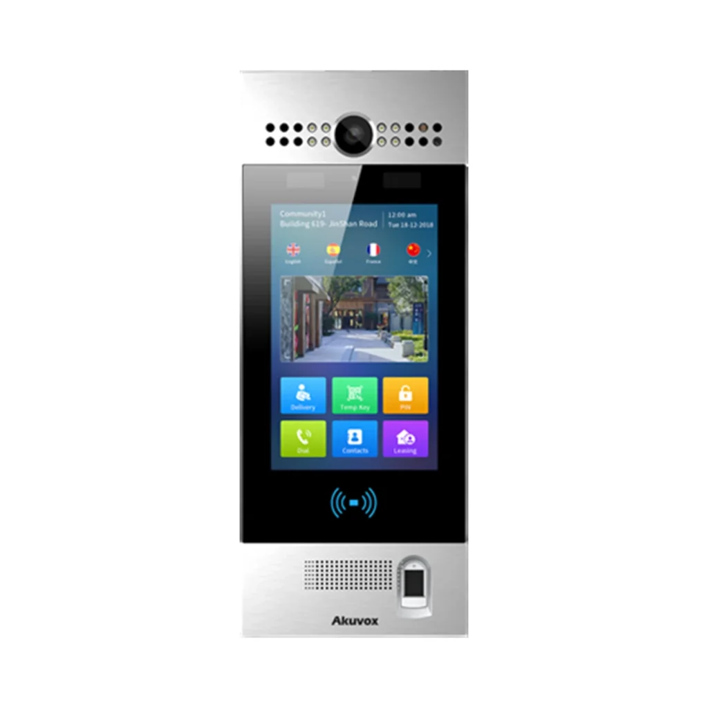 پنل هوشمند Akuvox R29CT با بدنه نقره‌ای، نمایشگر لمسی ۷ اینچی، دوربین بالای نمایشگر و حسگر اثر انگشت در پایین پنل