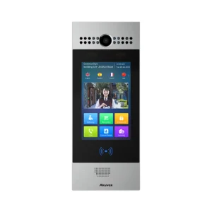 آیفون تصویری Akuvox R29S با نمایشگر لمسی ۷ اینچی، دوربین بالای نمایشگر و بدنه آلومینیومی نقره‌ای و مشکی