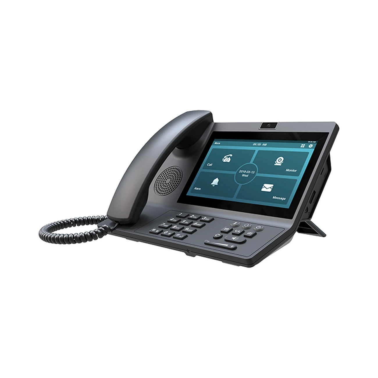 akuvox-r49g-left-01 تلفن تصویری Akuvox R49G مشکی با نمایشگر لمسی ۷ اینچی، دوربین داخلی، گوشی تلفنی و صفحهکلید فیزیکی روی پایه رومیزی