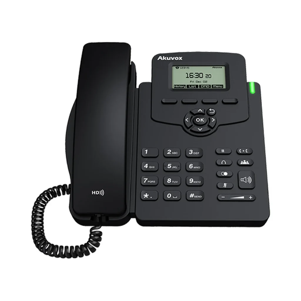 تلفن تحت شبکه Akuvox R50 مشکی با گوشی سیم‌دار، نمایشگر LCD کوچک، صفحه‌کلید شماره‌گیری و کلیدهای فیزیکی روی پایه رومیزی