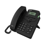 تلفن تحت شبکه Akuvox R50 مشکی با گوشی سیمدار، نمایشگر LCD کوچک، صفحهکلید شمارهگیری و کلیدهای فیزیکی روی پایه رومیزی
