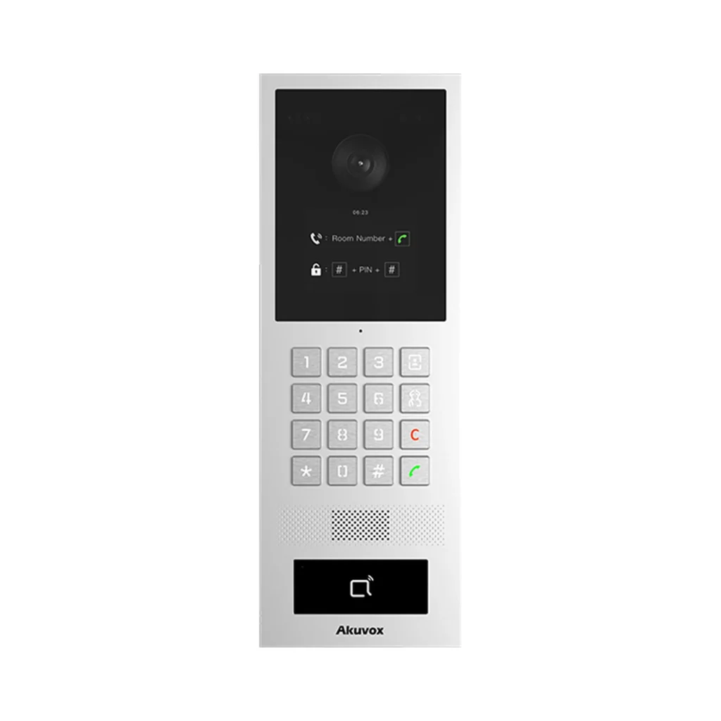 آیفون تصویری Akuvox S532 IP Version با بدنه آلومینیومی نقره‌ای، نمایشگر ۲.۸ اینچی، دوربین بالای پنل و صفحه‌کلید عددی