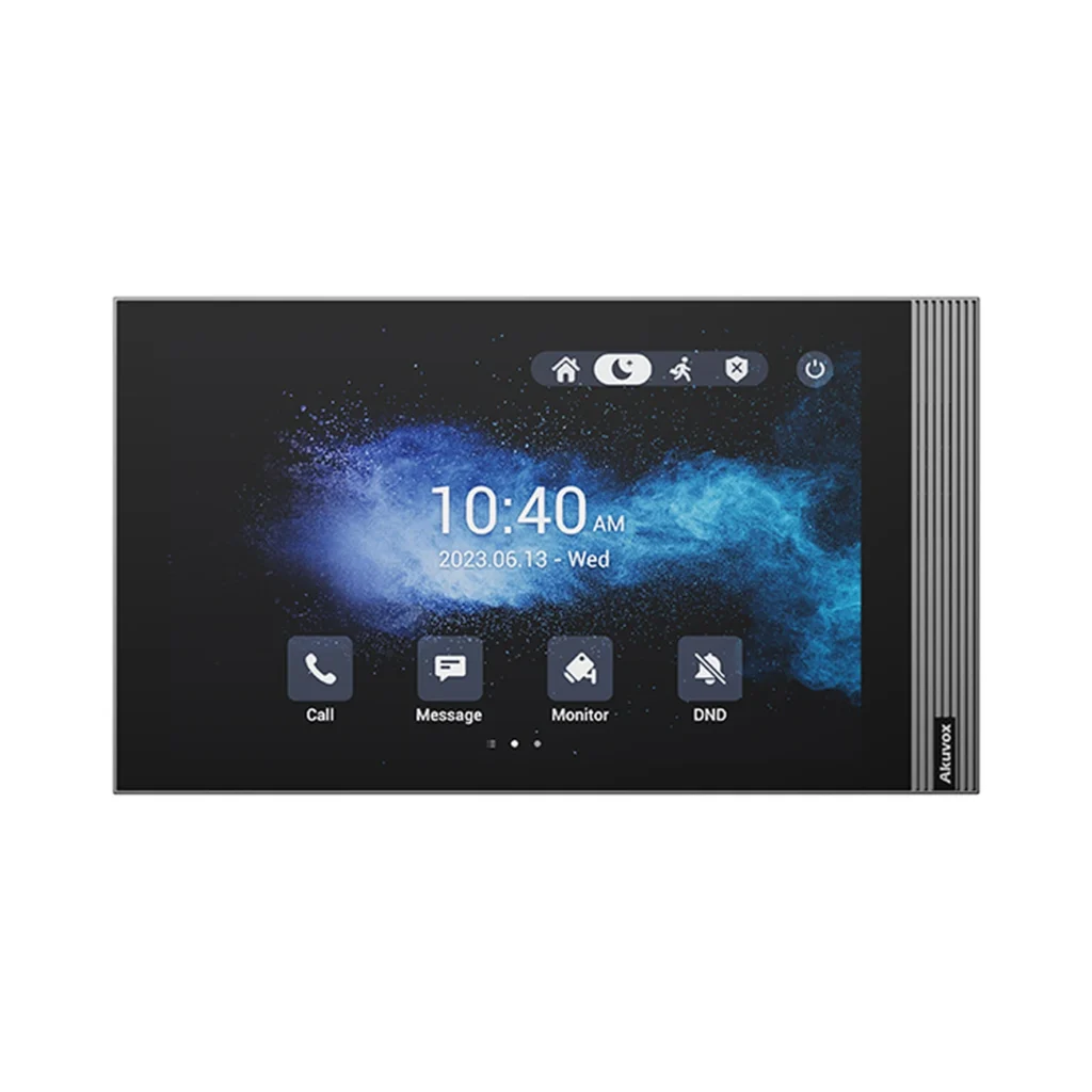 مانیتور هوشمند Akuvox S563W با نمایشگر لمسی ۸ اینچی، قاب مستطیلی مشکی و رابط کاربری آیفون تصویری روی صفحه‌نمایش