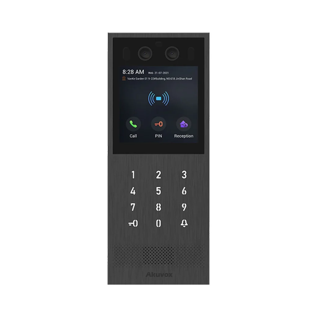 آیفون تصویری Akuvox X912 با بدنه تیره، نمایشگر لمسی ۴ اینچی، دوربین و صفحه‌کلید عددی زیر نمایشگر