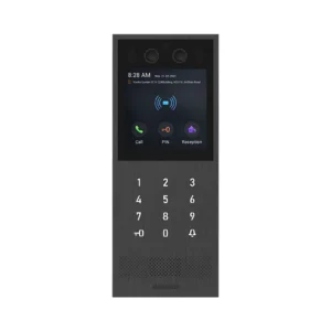 آیفون تصویری Akuvox X912 با بدنه تیره، نمایشگر لمسی ۴ اینچی، دوربین و صفحه‌کلید عددی زیر نمایشگر