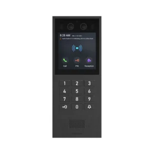 آیفون تصویری Akuvox X912K با بدنه تیره، نمایشگر لمسی ۴ اینچی، دوربین و صفحهکلید عددی فیزیکی